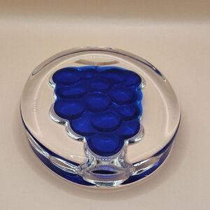 1970s Signed Ginza Wako Japan Cobalt Blue Grapes Paper Weight Glass Piece